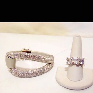 Joan Boyce "Edgy Diva" Pave Crystal Cord Bracelet Size M/L & Crystal Ring